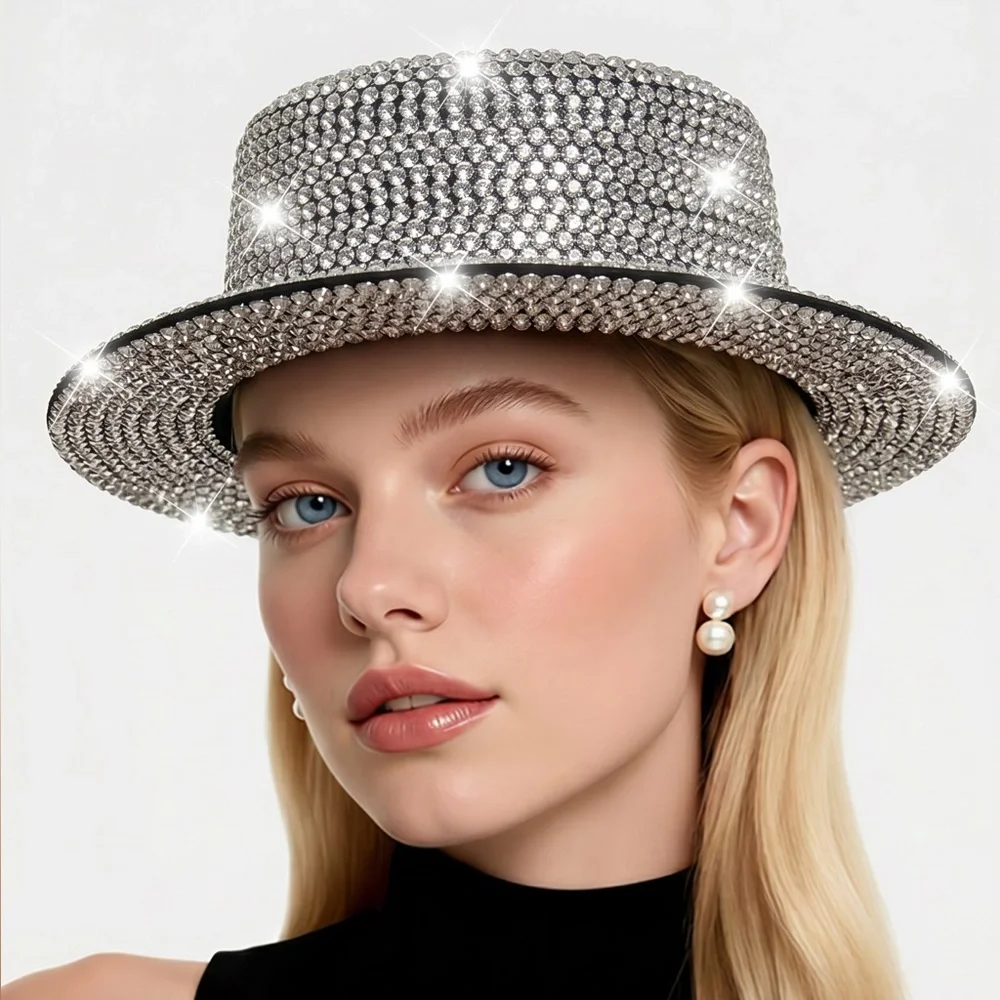 Silver Rhinestone Boater Hat Sparkly Crystal Flat Top Festival Party Cap‎ 57